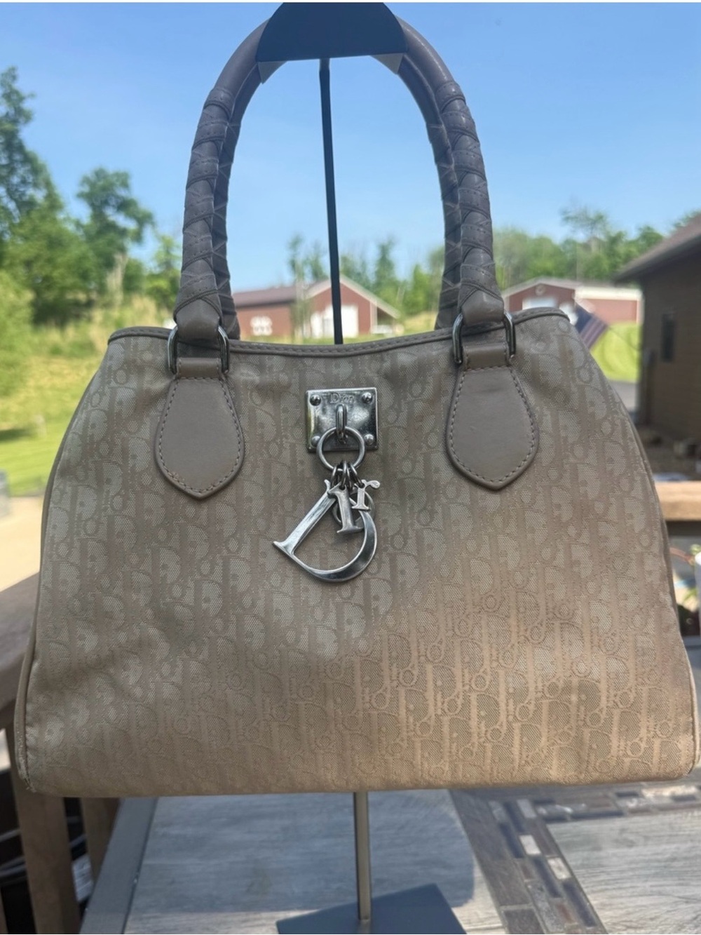 Christian Dior Vintage Lovely Beige Monogram Canvas Satchel w/Silver Hardware
